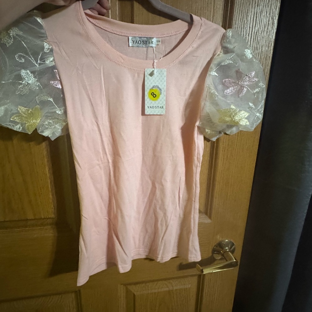 NWT Pink Puff Sleeve Embroidered Mesh Floral Top Women’s S/M Fairy Coquette